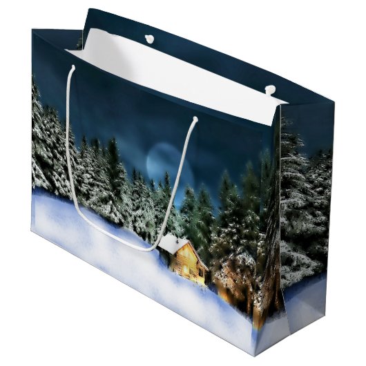 Rustikale Blockhütte Vollmond Große Geschenktüte (Vorderseite Schrägansicht)