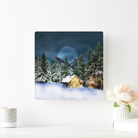 Rustikale Blockhütte Vollmond Quadratische Wanduhr (Zuhause)