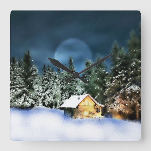 Rustikale Blockhütte Vollmond Quadratische Wanduhr (Vorderseite)