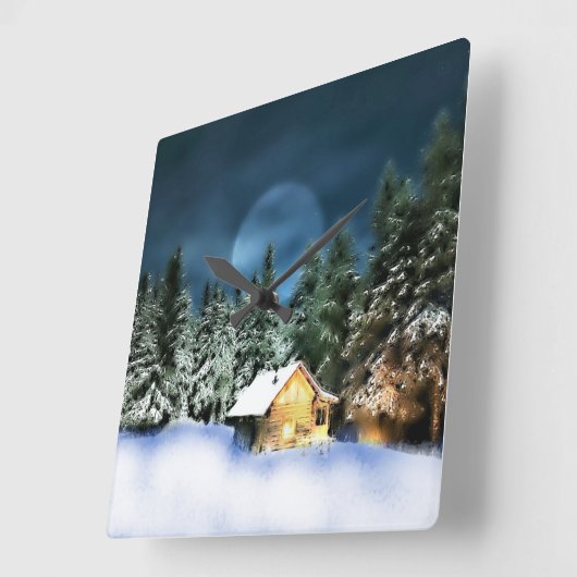 Rustikale Blockhütte Vollmond Quadratische Wanduhr (Winkel)