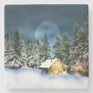 Rustikale Blockhütte Vollmond Steinuntersetzer