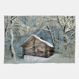 Rustikale Blockhütte Wintermagie Geschirrtuch