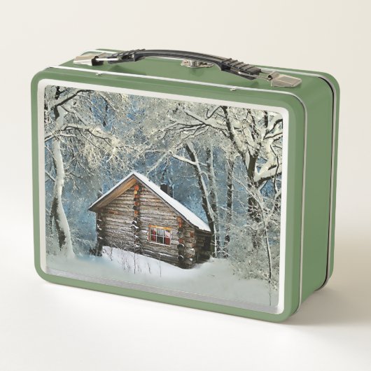 Rustikale Blockhütte Wintermagie Metall Brotdose (Rückseite)