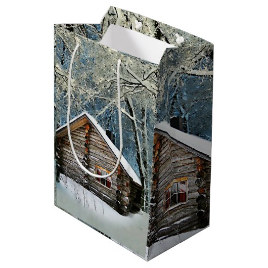 Rustikale Blockhütte Wintermagie Mittlere Geschenktüte (Rückseite Schrägansicht)