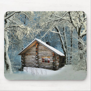 Rustikale Blockhütte Wintermagie Mousepad