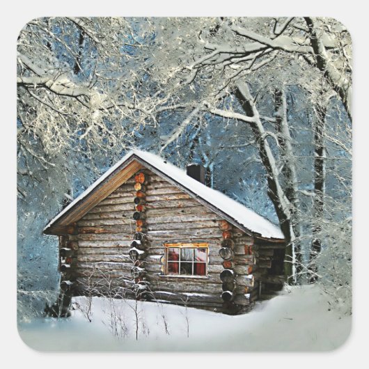 Rustikale Blockhütte Wintermagie Quadratischer Aufkleber (Vorderseite)