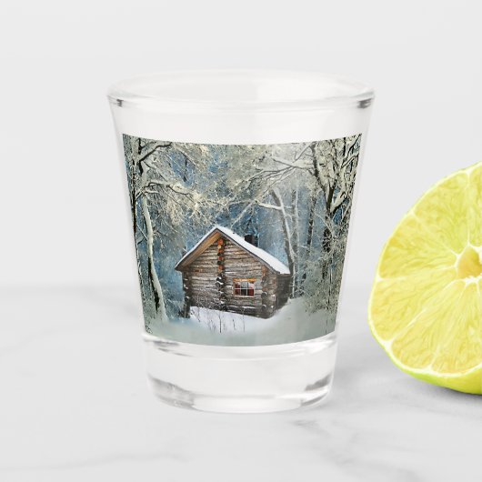 Rustikale Blockhütte Wintermagie Schnapsglas (Vorderseite)