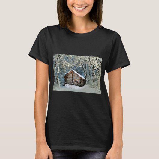 Rustikale Blockhütte Wintermagie T-Shirt (Vorderseite)
