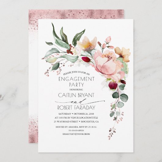 Rustikale Bloom Boho Pink Gold-Engagement-Partei Einladung (Vorne/Hinten)