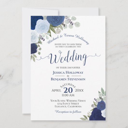 Rustikale Blue Boho Wasserfarbe Rose Feierliche Ho Einladung (Vorderseite)