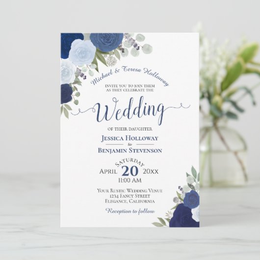 Rustikale Blue Boho Wasserfarbe Rose Feierliche Ho Einladung (Stehend Vorderseite)