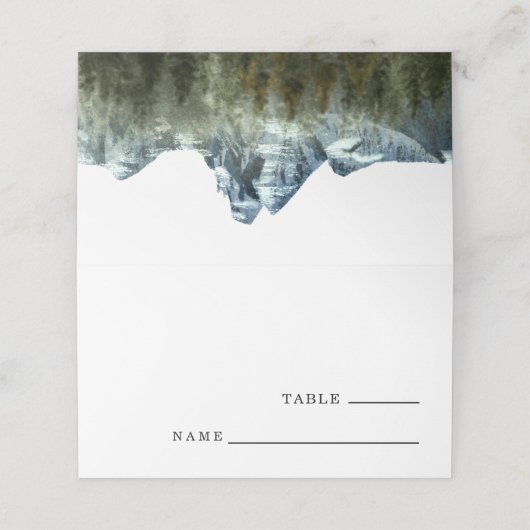 Rustikale Blue Mountain Wedding Tischnummer Platzkarte (Außenseite Aufgefaltet)