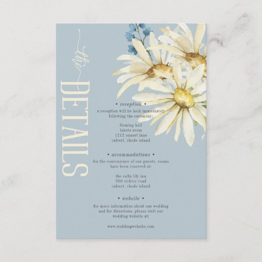 Rustikale Blue & White Daisies Hochzeitdetails Begleitkarte (Vorderseite)