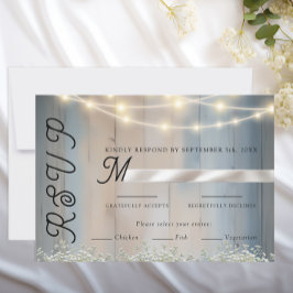 Rustikale Blue Wood & String Lights Wedding RSVP C