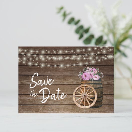 Rustikale Blume aus Holz und Rosa - Save the Date (Stehend Vorderseite)