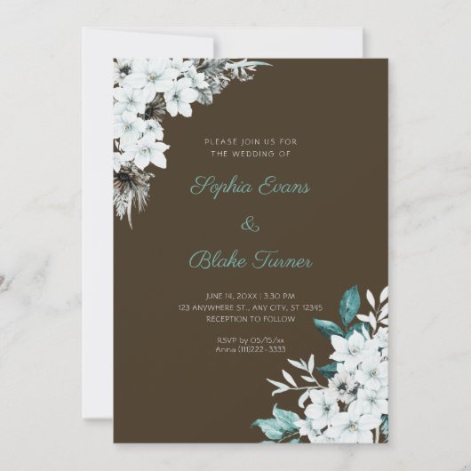 Rustikale Blume Boho Wood Brown Wedding Einladung (Vorderseite)
