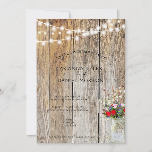 Rustikale Blume Bouquet Mason Jar String Lights Einladung (Vorderseite)