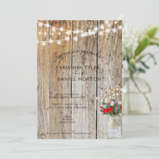 Rustikale Blume Bouquet Mason Jar String Lights Einladung (Stehend Vorderseite)