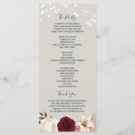 Rustikale Blume Burgund Hochzeitsprogramm Programm (Rückseite)