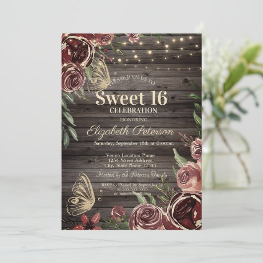 Rustikale Blume Glitzer Bitterfliegen Wood Sweet 1 Einladung (Stehend Vorderseite)