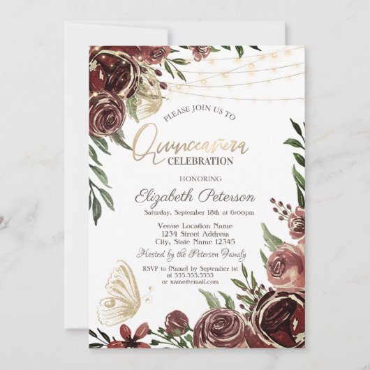 Rustikale Blume Glitzer Schmetterlinge Einladung (Vorderseite)