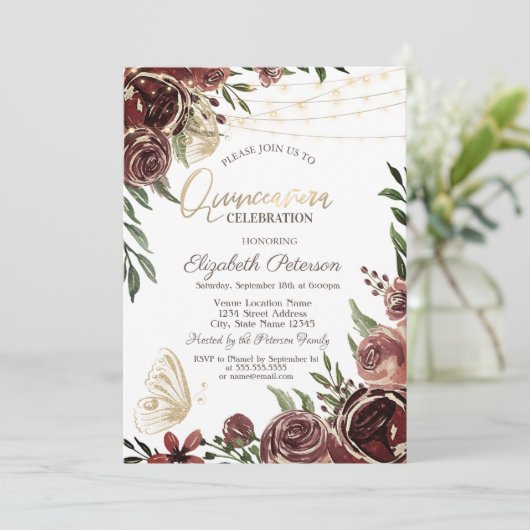 Rustikale Blume Glitzer Schmetterlinge Einladung (Stehend Vorderseite)