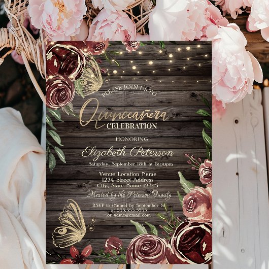 Rustikale Blume Glitzer Schmetterlinge Holz Einladung