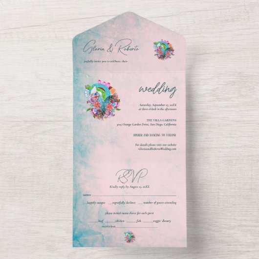 Rustikale Blume Herz mexikanische Hochzeit All In One Einladung (Innen Boden)