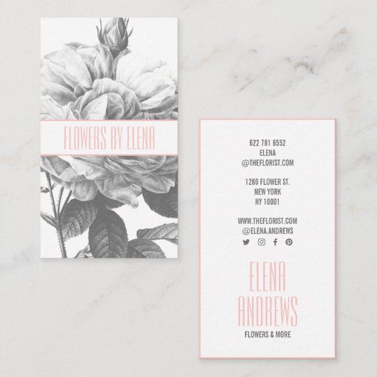 Rustikale Blume in Schwarz-Weiß-Rosa Visitenkarte (Vorne/Hinten)