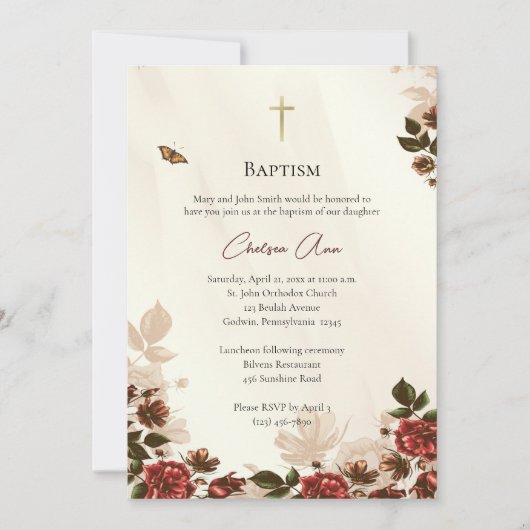 Rustikale Blume Orthodoxe Taufe Einladung (Vorderseite)