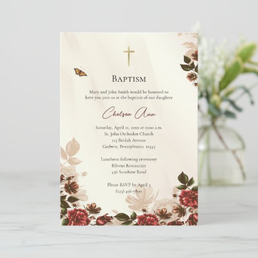 Rustikale Blume Orthodoxe Taufe Einladung (Stehend Vorderseite)