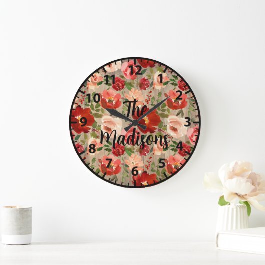 Rustikale Blume Rotes Crem Rosa Rosen Große Wanduhr (Zuhause)