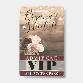 Rustikale Blume & String Lights Sweet 16 VIP Pass Ausweis