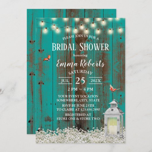 Rustikale Blume und Aquamarines Holz Brautparty Einladung (Vorne/Hinten)