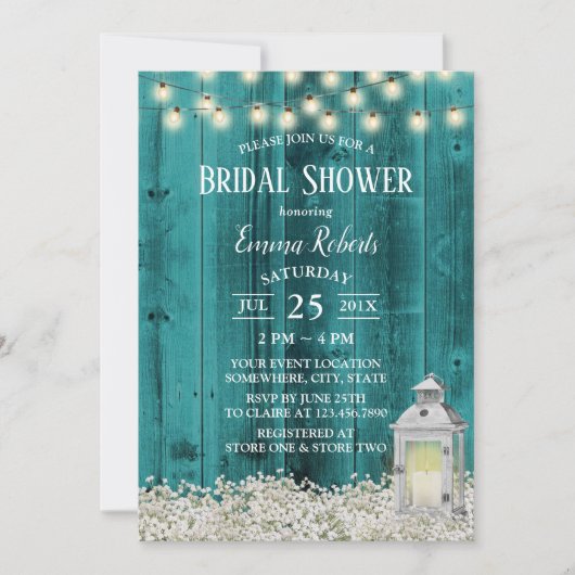 Rustikale Blume und Aquamarines Laternenholz Braut Einladung (Vorderseite)