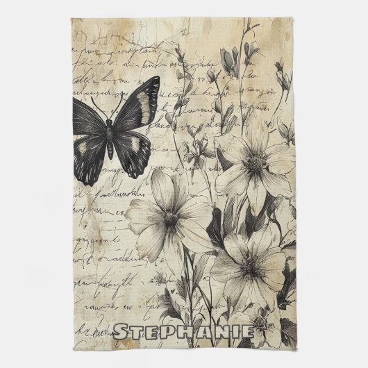 Rustikale Blume und Schmetterlinge - Altpapier (1) Geschirrtuch (Vertikal)
