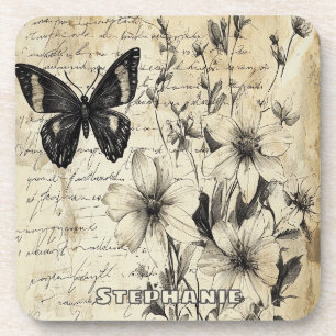 Rustikale Blume und Schmetterlinge - Altpapier (1) Getränkeuntersetzer