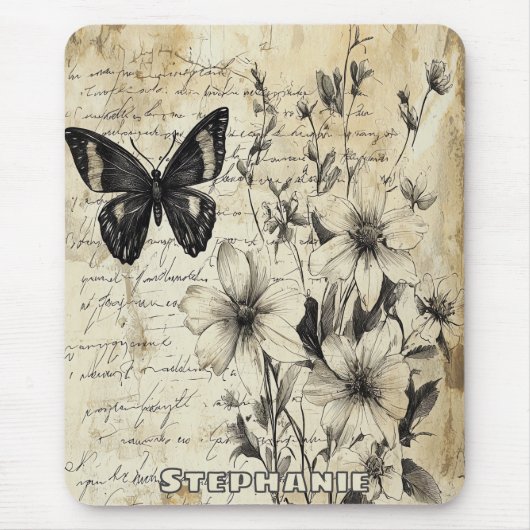 Rustikale Blume und Schmetterlinge - Altpapier (1) Mousepad (Vorne)
