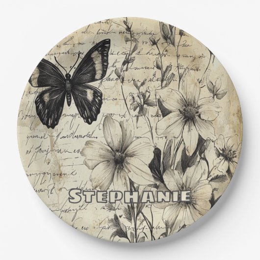 Rustikale Blume und Schmetterlinge - Altpapier (1) Pappteller (Vorderseite)