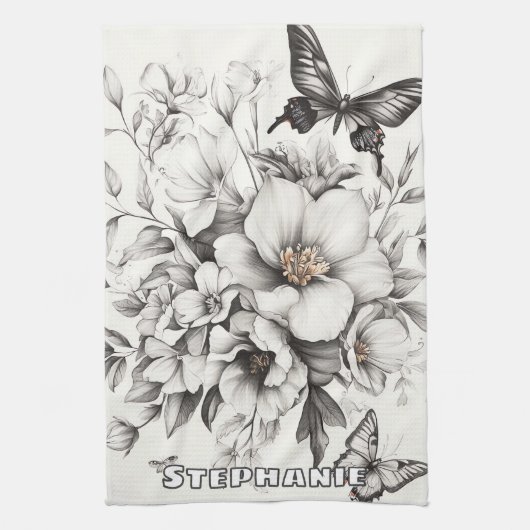 Rustikale Blume und Schmetterlinge - Altpapier (2) Geschirrtuch (Vertikal)