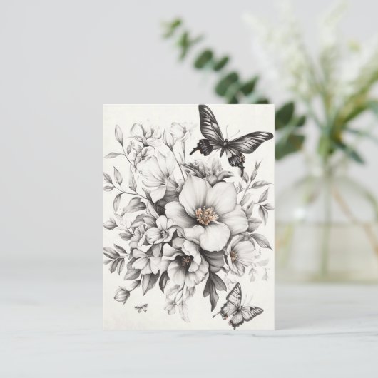 Rustikale Blume und Schmetterlinge - Altpapier (2) Postkarte (Stehend Vorderseite)
