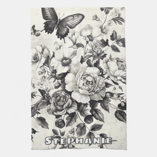 Rustikale Blume und Schmetterlinge - Altpapier (3) Geschirrtuch (Vertikal)