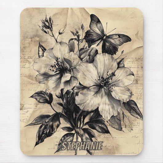 Rustikale Blume und Schmetterlinge - Altpapier (4) Mousepad (Vorne)