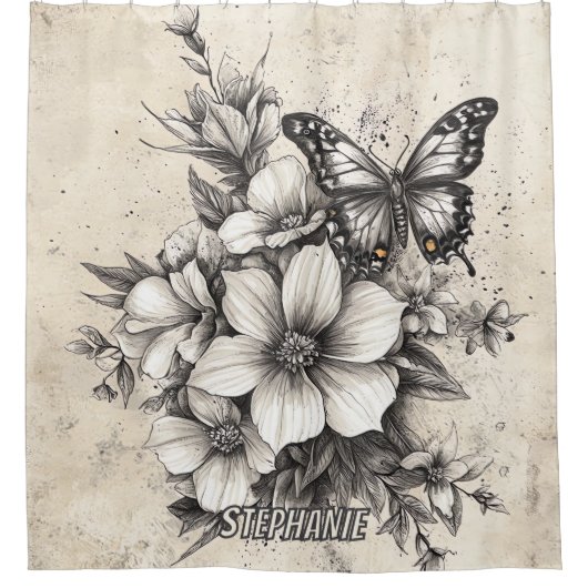 Rustikale Blume und Schmetterlinge - Altpapier (5) Duschvorhang (Vorderseite)