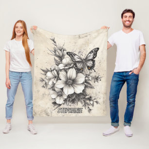 Rustikale Blume und Schmetterlinge - Altpapier (5) Fleecedecke