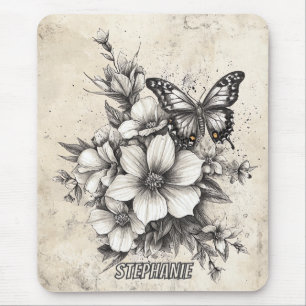 Rustikale Blume und Schmetterlinge - Altpapier (5) Mousepad