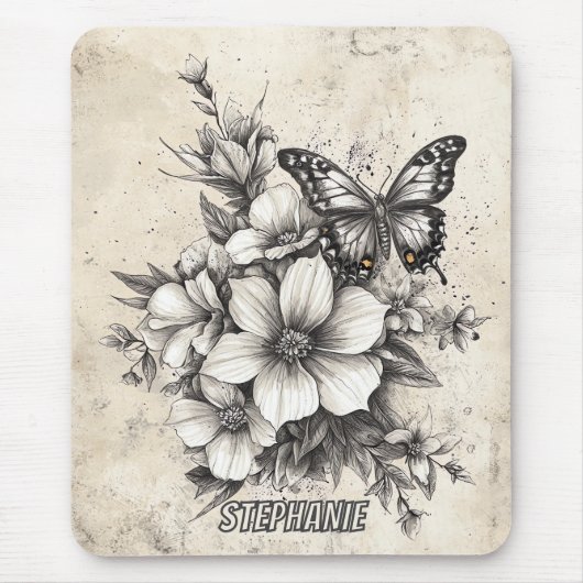 Rustikale Blume und Schmetterlinge - Altpapier (5) Mousepad (Vorne)