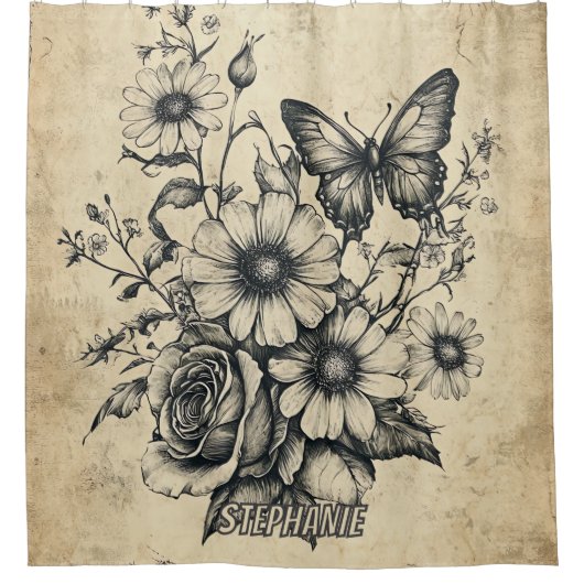 Rustikale Blume und Schmetterlinge - Altpapier (6) Duschvorhang (Vorderseite)