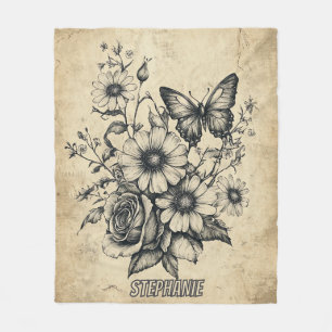 Rustikale Blume und Schmetterlinge - Altpapier (6) Fleecedecke