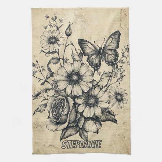 Rustikale Blume und Schmetterlinge - Altpapier (6) Geschirrtuch (Vertikal)